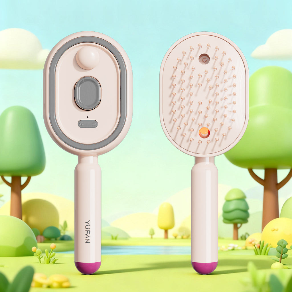 Two handheld hairbrushes with a scenic background of trees and grass.