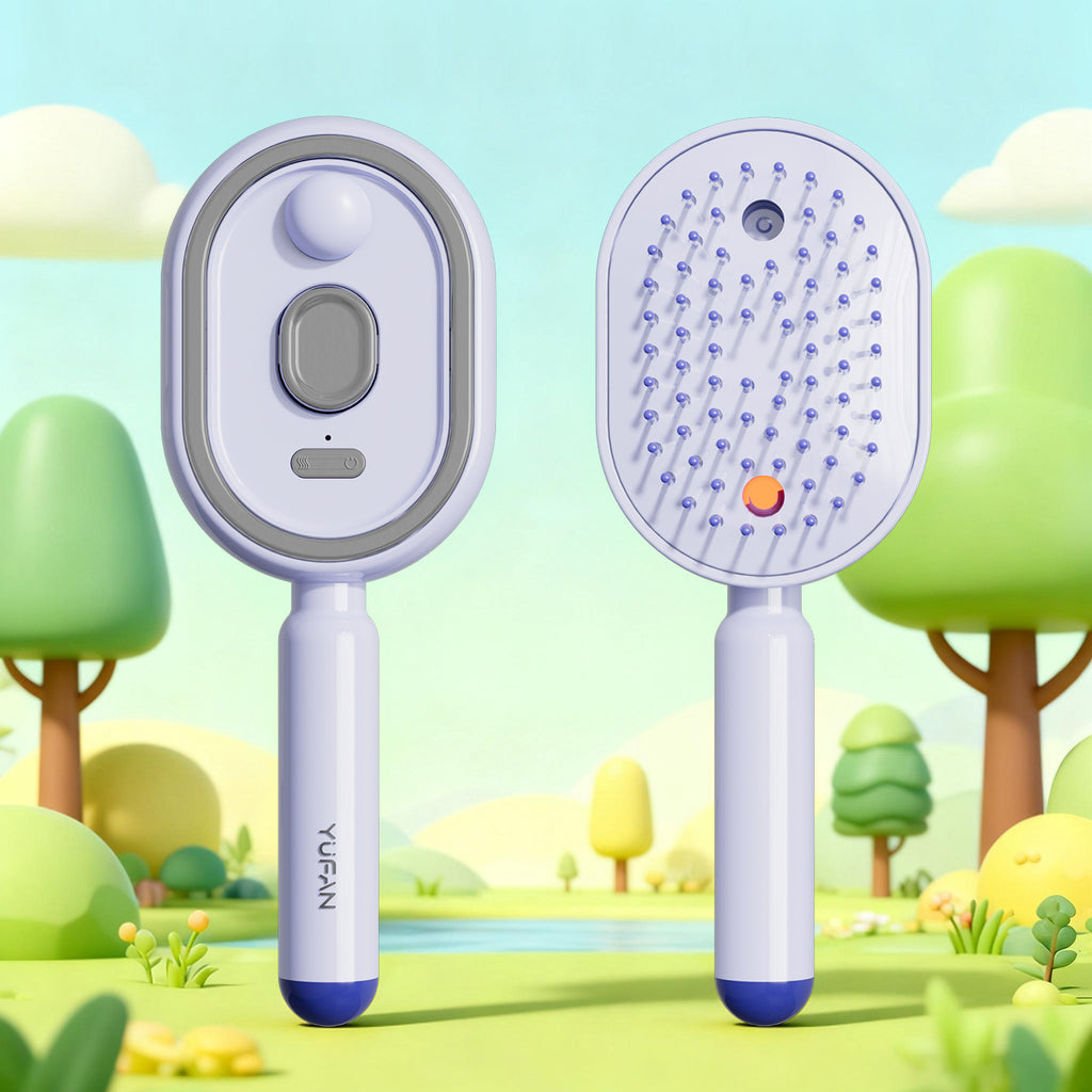 Two handheld shower heads with a scenic background of trees and grass.
