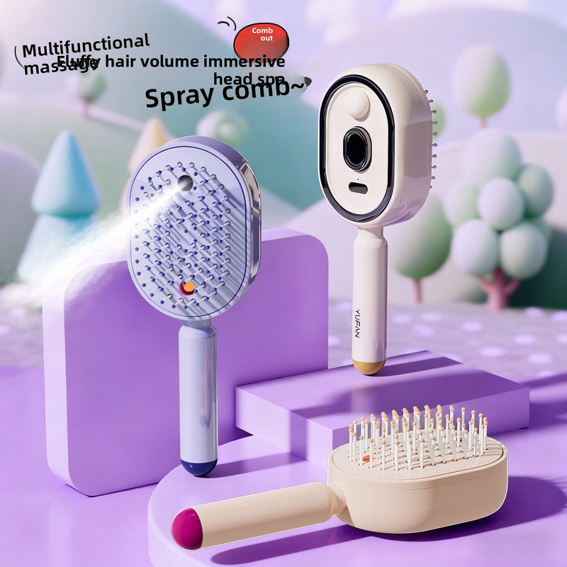 Multifunctional hair care device with massage head, spray comb, and brush on a colorful background