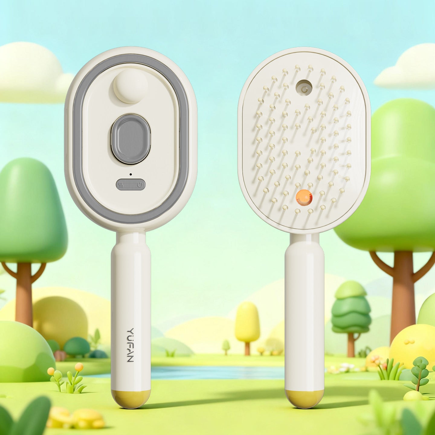 Two handheld fans with a scenic background of trees and grass