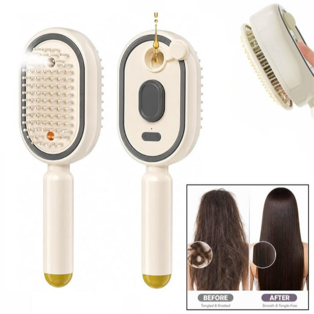Hairbrush with a before and after effect on hair, showing transformation.