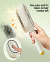 Handheld hair removal brush with hair residue and text on a light green background