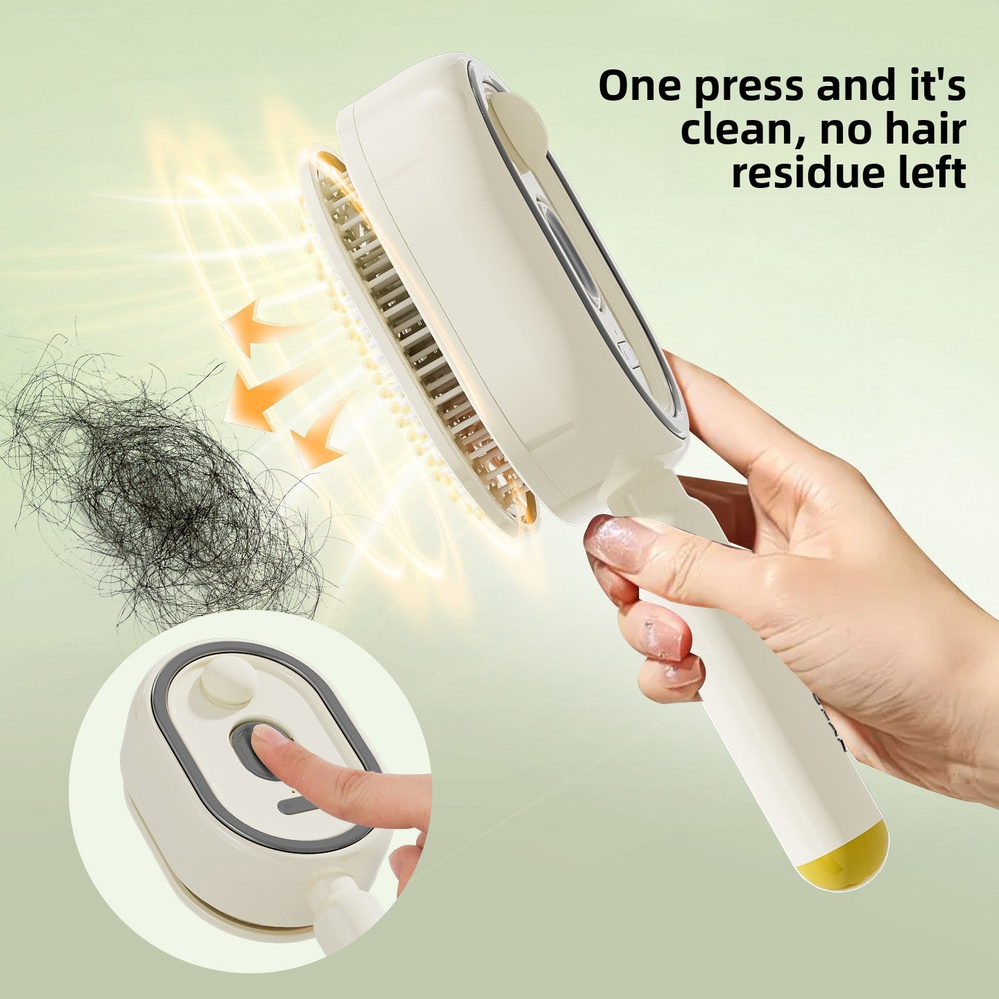 Handheld hair removal brush with hair residue and text on a light green background